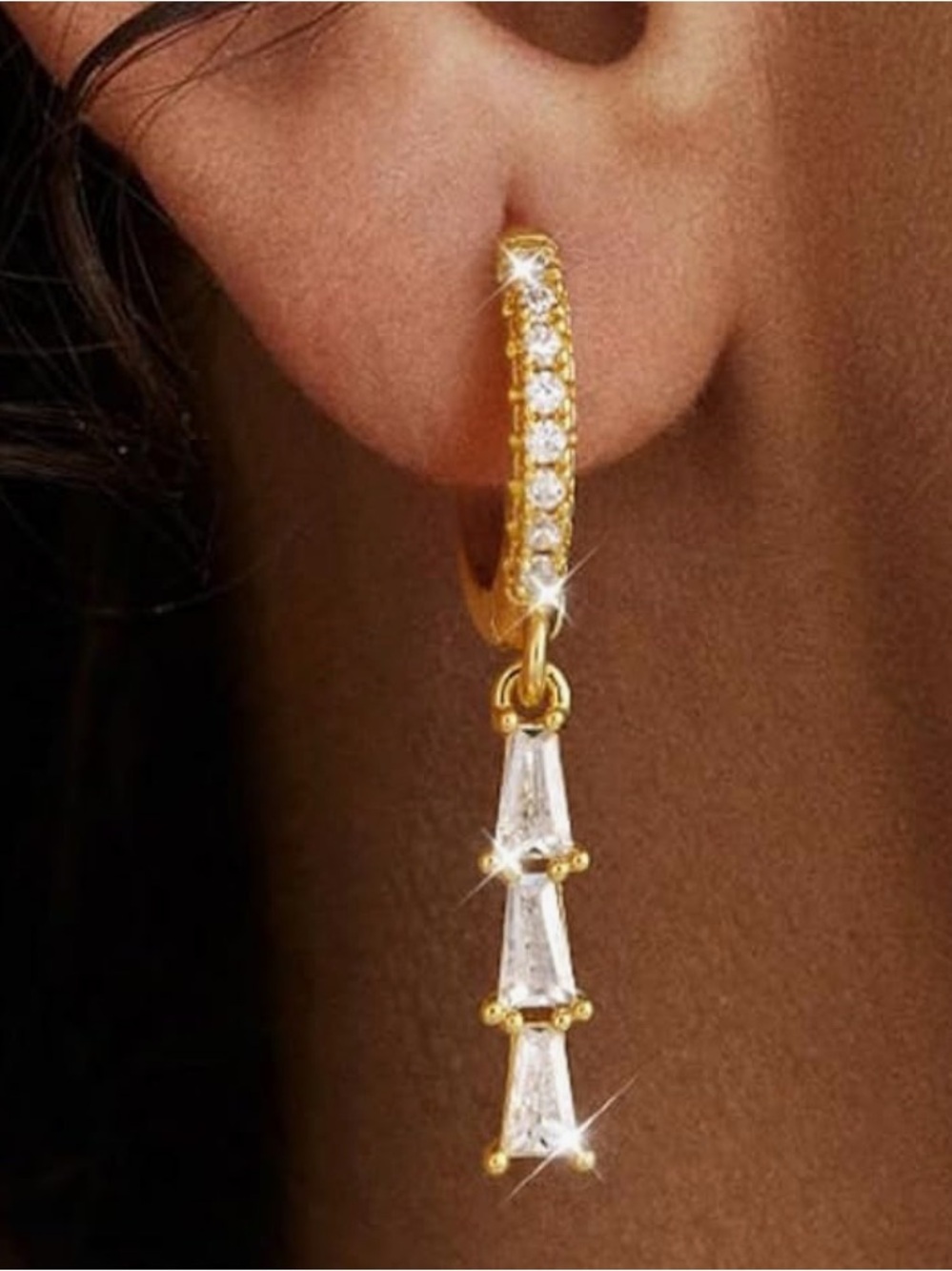 Gold Huggie Earrings with Clear Drop Stones